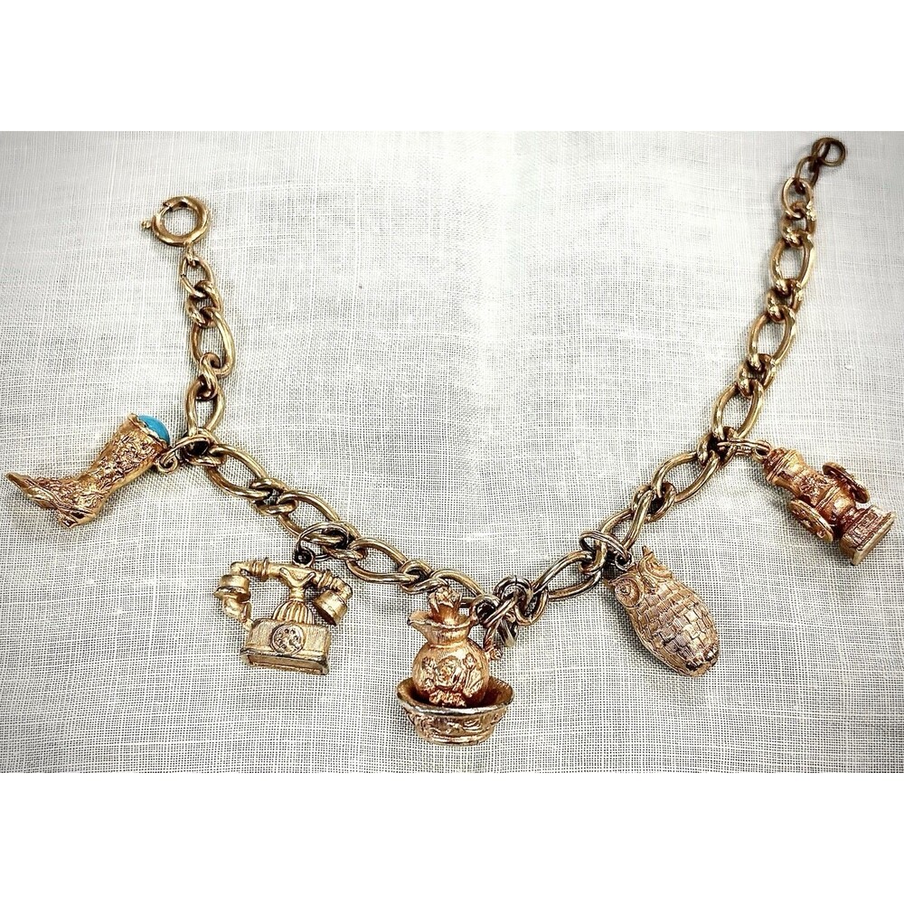 Vintage Avon Signed Gold Tone Charm Bracelet Owl Boot Phone Coffee Mill Figural